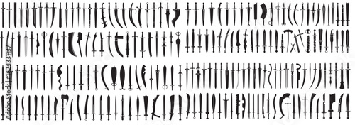 A collection of various sword silhouettes arranged in rows and columns on a white background