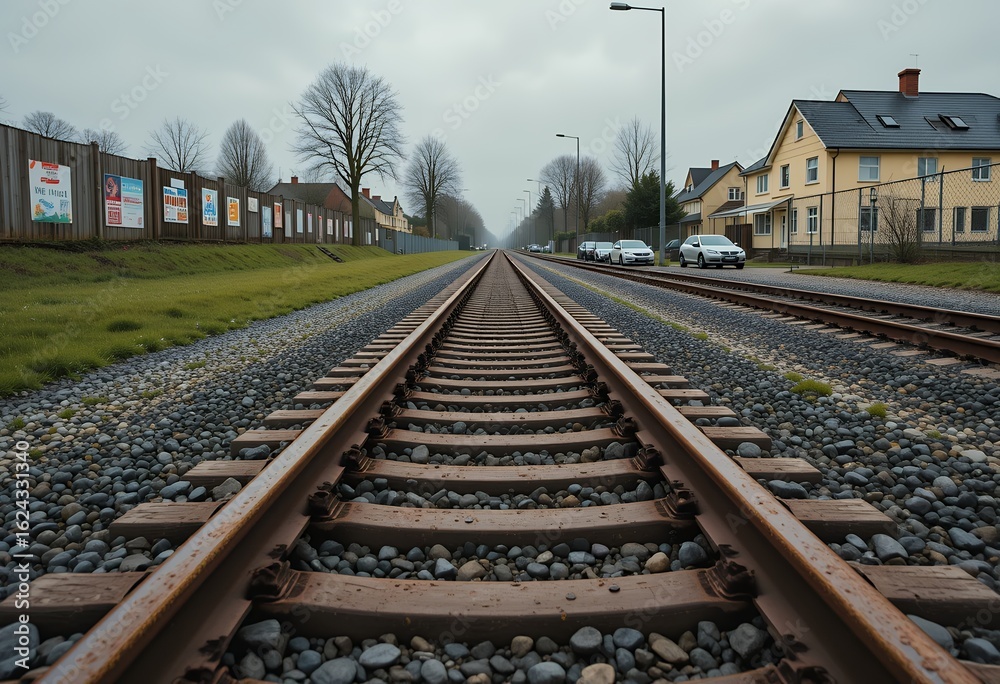Fototapeta premium Perspective view of railway tracks extending into the foggy distance passing through suburban