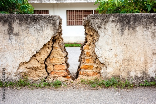 Cracked concrete wall, showing brick interior, with street view beyond