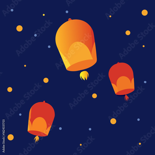 Three glowing lanterns ascend into a dark night sky