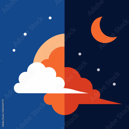 Split sky day and night with moon and clouds