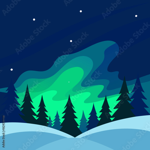 Stylized winter night sky with aurora borealis over pine forest