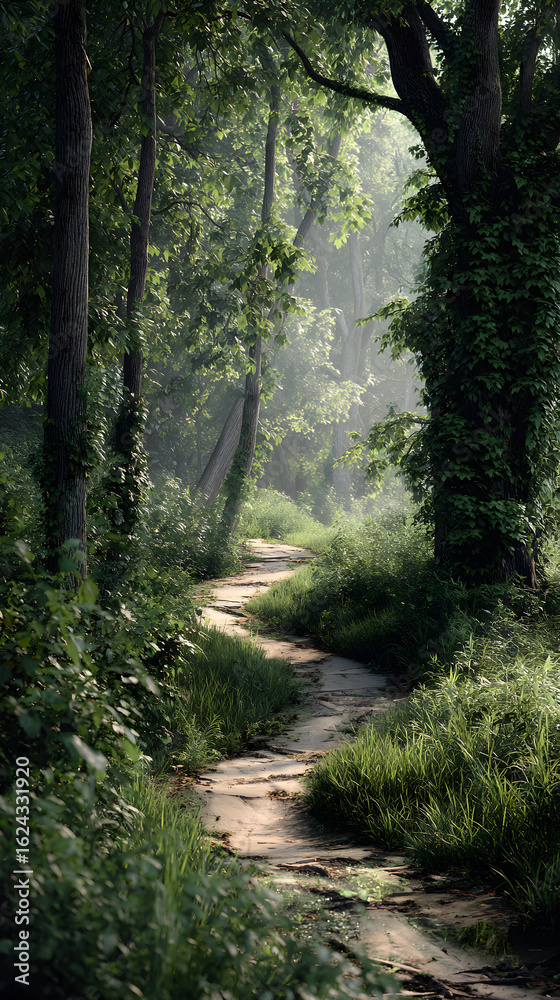 Fototapeta premium Tranquil Adventure: Cycle Through Nature's Lush Canopy on a Serene Woodland Trail