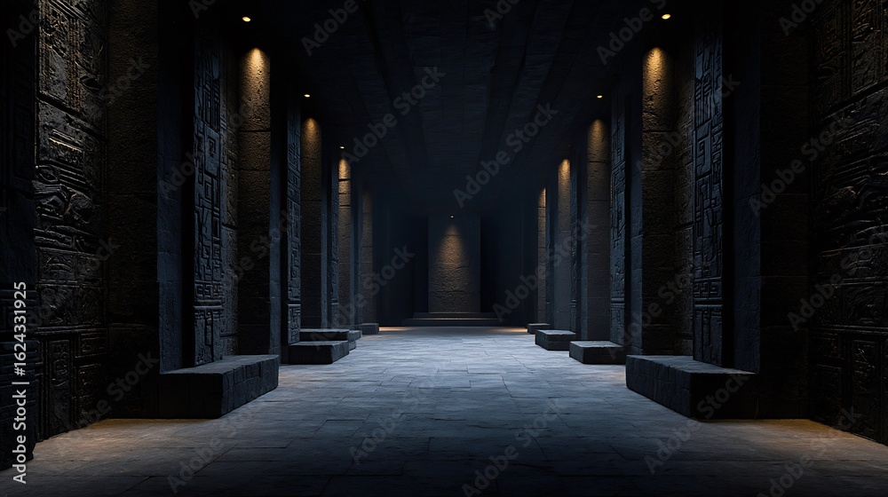 Obraz premium Dark labyrinthine hallway with mysterious carvings and a soft light illuminating the path ahead