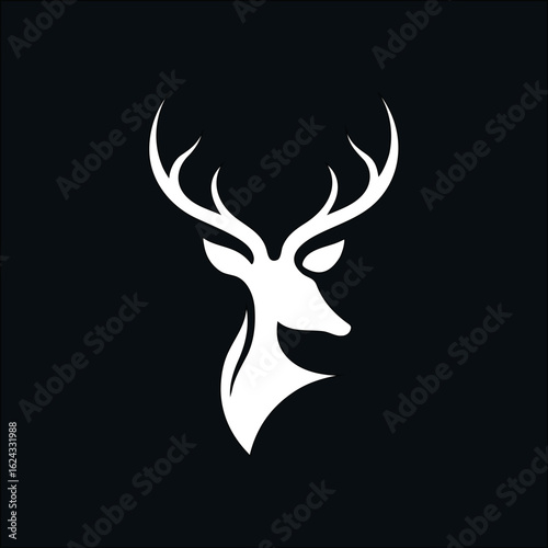 White deer head silhouette logo on black, ideal for classy wildlife themes, hunting labels, and apparel design.

