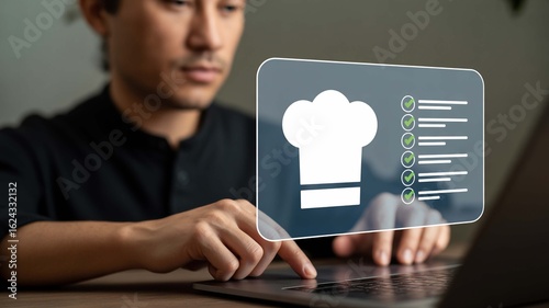 Fototapeta Naklejka Na Ścianę i Meble -  Focused chef meticulously planning culinary creations using a digital checklist on a modern laptop, embodying precision and innovation in the kitchen.