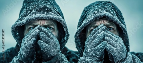 Icy grip winter's chill two figures shrouded in a snowy landscape embrace the cold