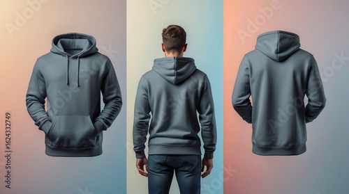 Men's gray hoodie sweatshirt mockup in three views front, back, and worn by a model. Blank apparel template for clothing design.
