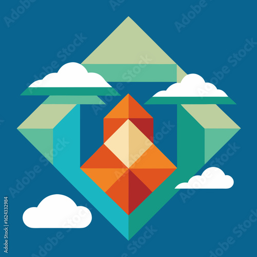 Geometric rocket ship ascending through clouds