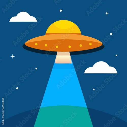 Flying saucer abducting with beam in a starry night sky