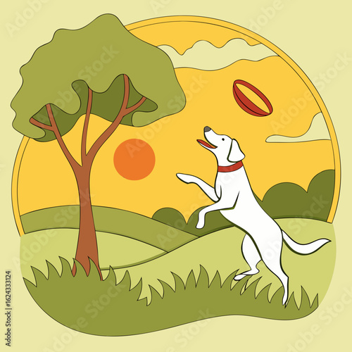 Playful Dog Chasing Ball in Layered Paper-Cut Park Landscape