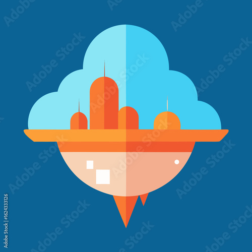 Futuristic floating city with orange and blue domes
