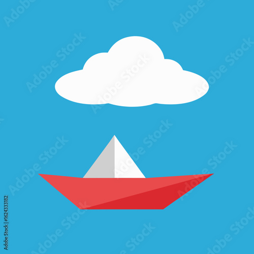 Red paper boat sails under a fluffy white cloud