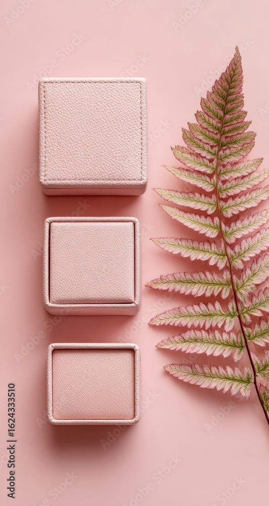 Fototapeta premium Three pale pink velvet boxes vertically aligned beside a fern frond on a matching pink background; minimalist aesthetic