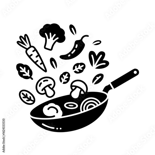 Stir-fry vegetables in a wok with carrot, broccoli, pepper, spinach, and mushroom ingredients