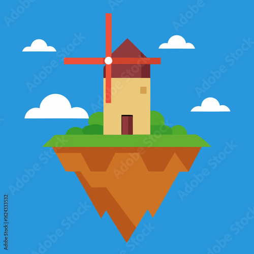 Floating island with windmill and clouds