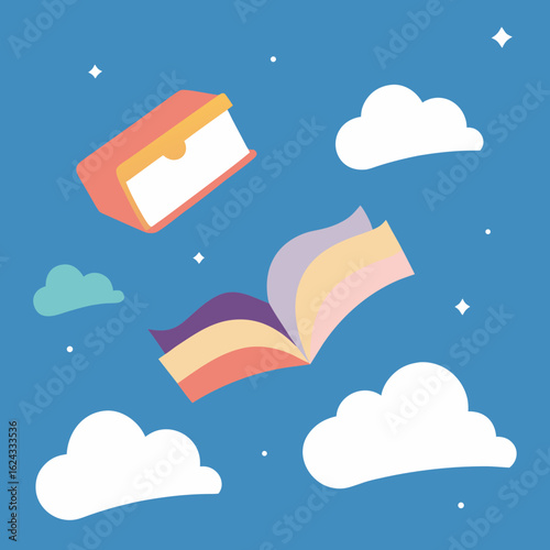Books flying through a dreamy sky with clouds and stars