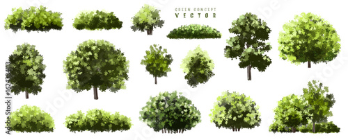  Vector watercolor green  tree or forest side view isolated on white background for landscape and architecture drawing,elements for environment or and garden,Shrub for section