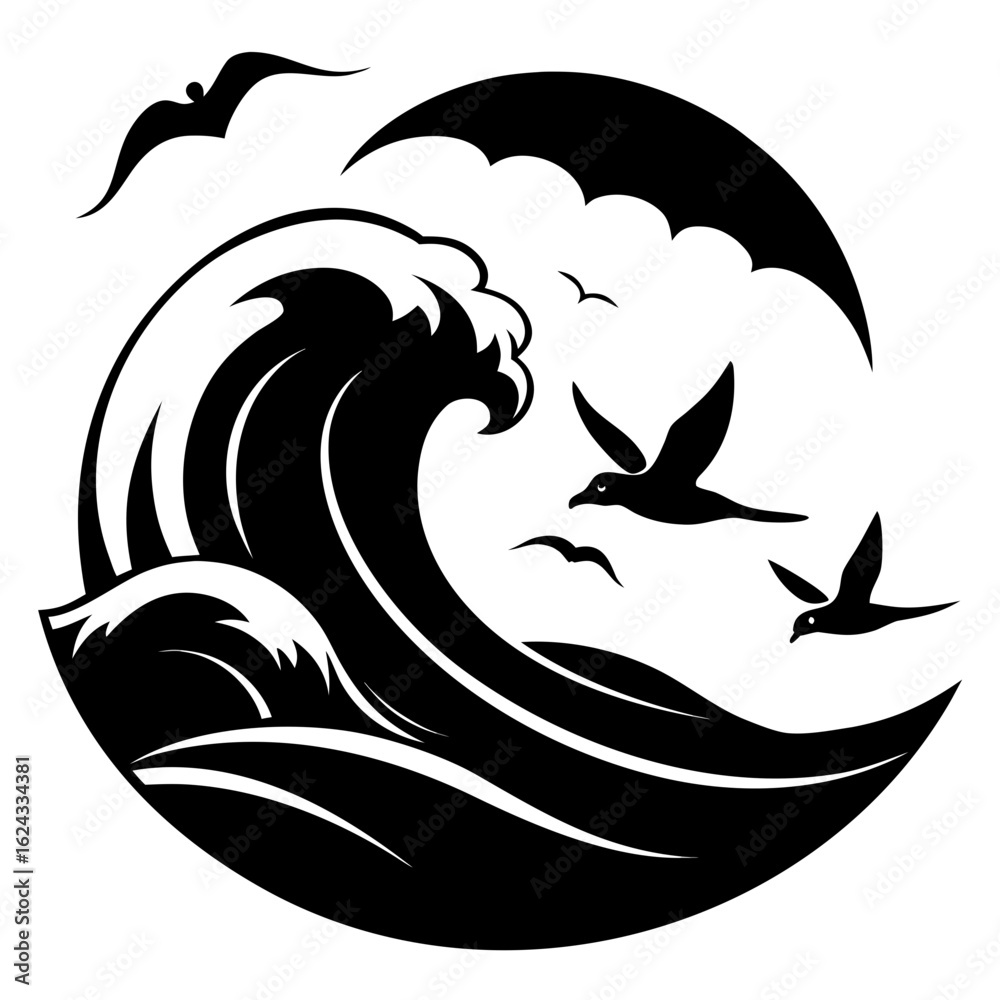 Naklejka premium Seabirds Over Waves Silhouette