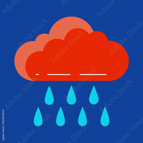 Stylized red cloud raining blue drops against dark blue background