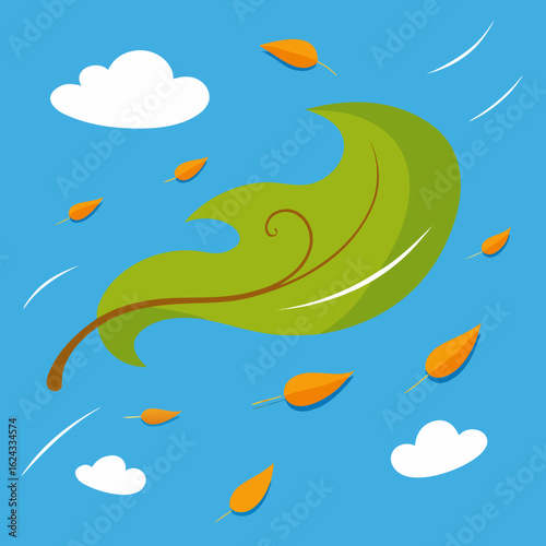 Autumn leaves falling in the wind with clouds