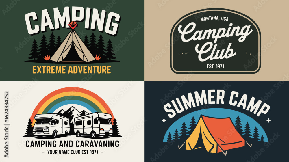 Fototapeta premium Four Camping Logo Designs Tent, RV, Summer Camp, and Camping Club Montana, USA