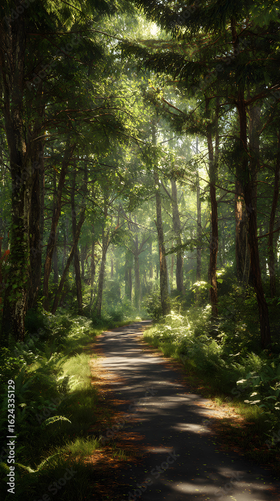 Naklejka premium Tranquil Adventure: Cycle Through Nature's Lush Canopy on a Serene Woodland Trail