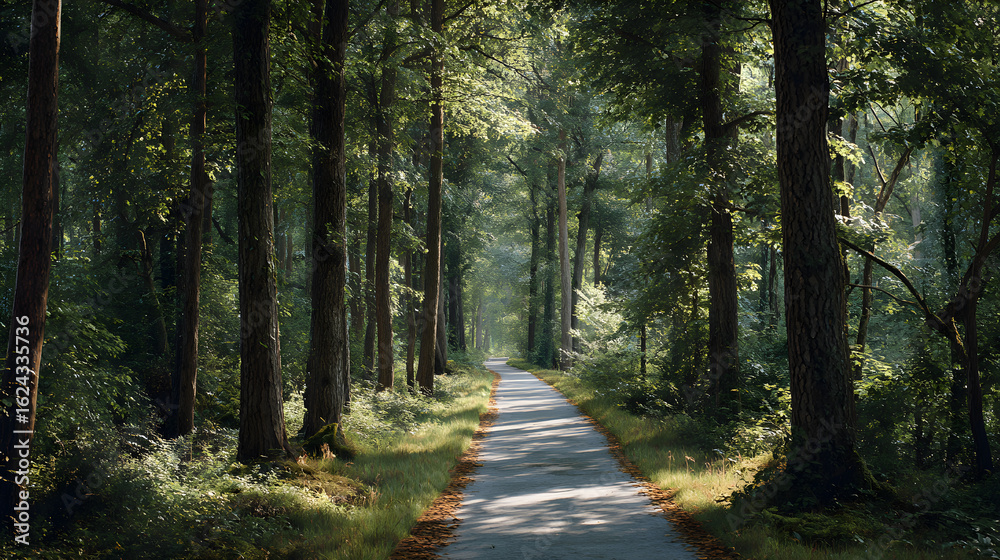 Fototapeta premium Tranquil Adventure: Cycle Through Nature's Lush Canopy on a Serene Woodland Trail