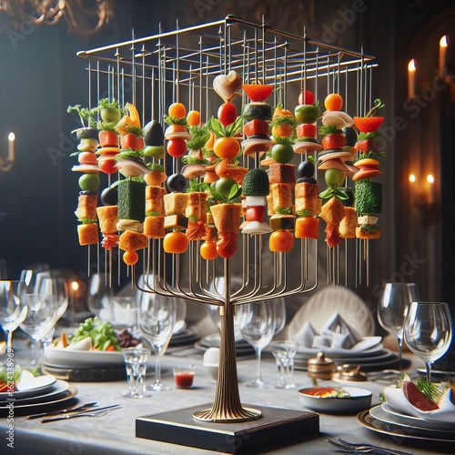 Suspension Appetizer Skewers A stand with a cantilevered arm fro