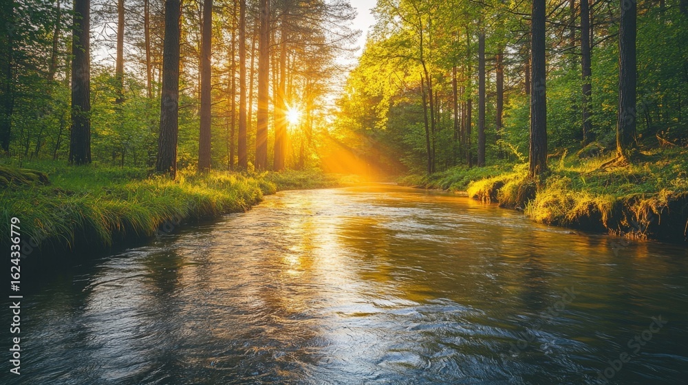 Obraz premium Serene River Flowing Through Lush Forest at Sunset