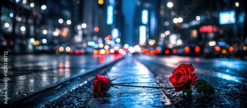 Urban romance: Two roses on a rain-slicked city street at night embody love
