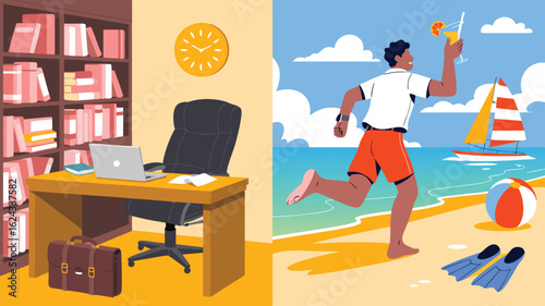 Office to Beach Man Running from Desk with Laptop, Books to Cocktail and Sailboat