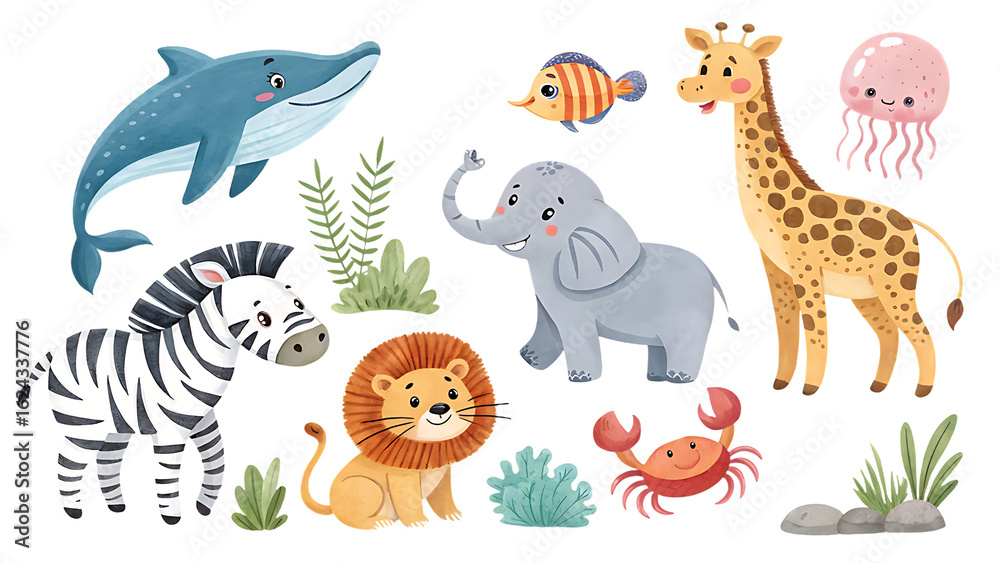 Fototapeta premium Cute cartoon animals collection isolated on transparent background