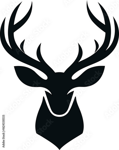 Vector deer head with antlers in flat silhouette, great for forest-themed posters and wildlife merchandise.

