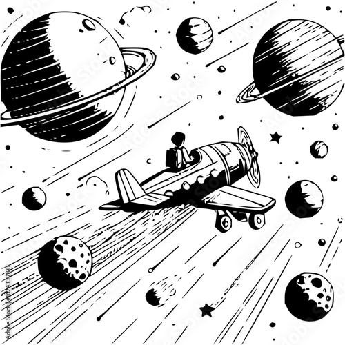 Illustration of a biplane flying through space with planets comets and stars in black and white style