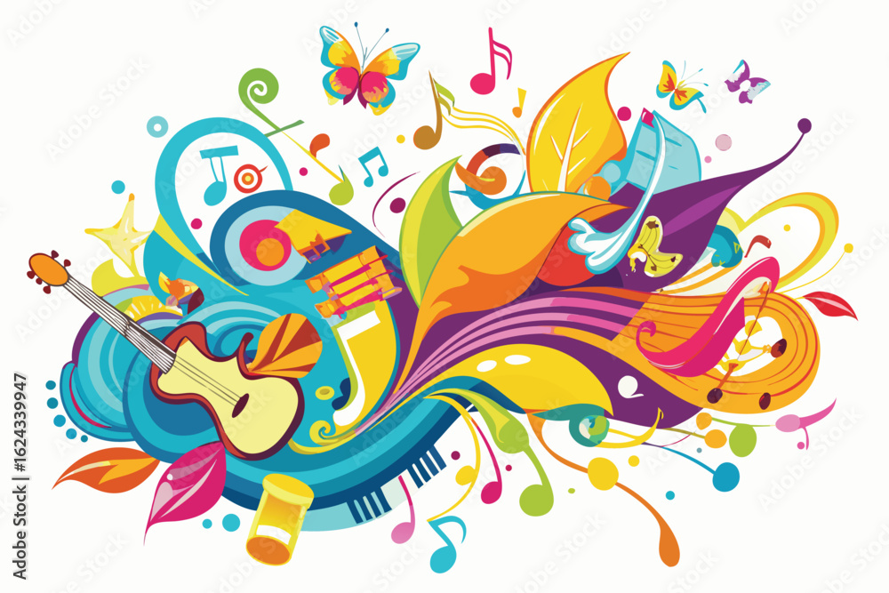 Fototapeta premium Vibrant abstract explosion of musical notes instruments and colorful swirling shapes