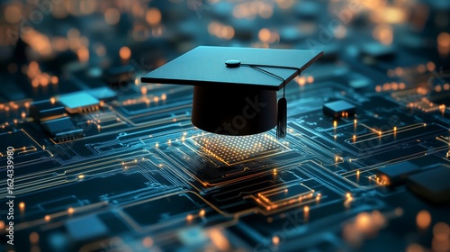 Graduation cap on a glowing circuit board, symbolizing online education and technological advancements in learning.