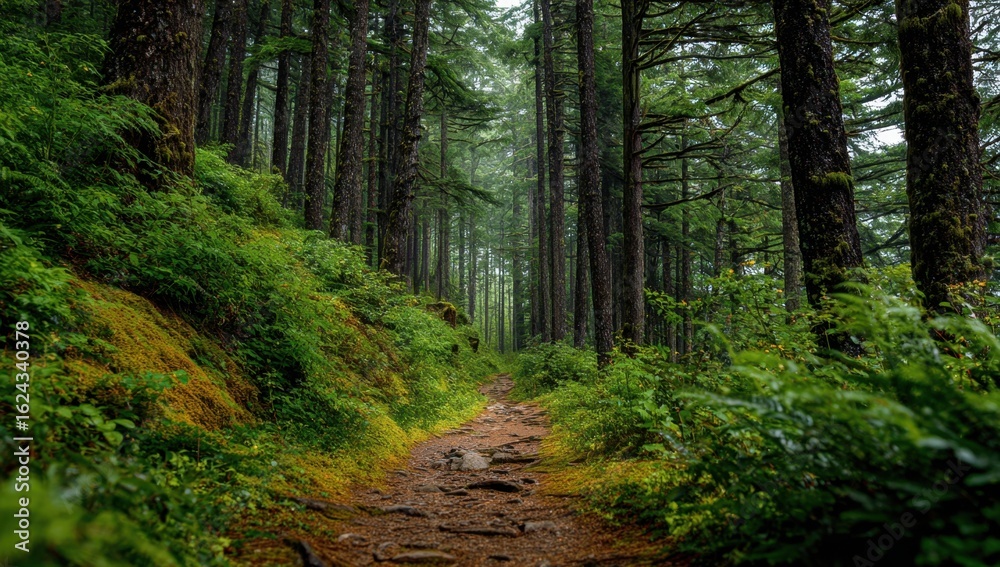 A tranquil forest path winds through towering trees, inviting exploration and offering a serene escape into nature's embrace. A tranquil forest path winds through towering trees, inviting exploration and offering a serene escape into nature's embrace.