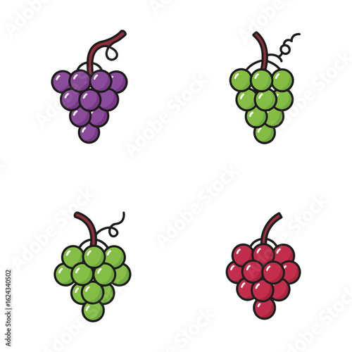 Four Bunches of Grapes in Different Colors on a White Background