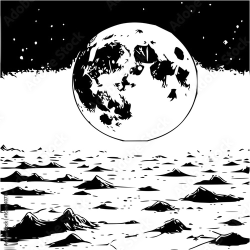 A black and white drawing of a moonscape with stars and a large moon in the night sky above it all