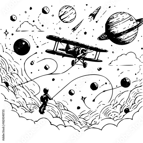 A boy on clouds flying a biplane kite in a space scene with planets and rockets in black and white style