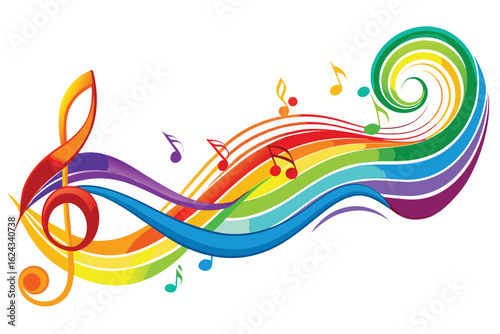 Vibrant rainbow musical staff with treble clef and floating notes creating a dynamic melody