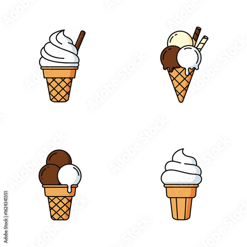 Variety of ice cream cones with different flavors and toppings illustration