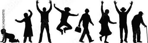 Silhouettes of people at various life stages, diversity, growth, movement, childhood to elderly, human expression, development, aging, poses