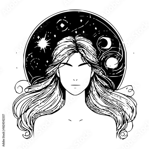 Illustration of a woman with long hair and a celestial background with stars and moon elements art