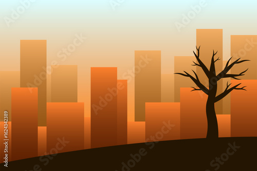 Minimalist City Skyline Silhouette at Sunset with Trees