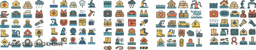Colorful Flood Disaster and Rescue Equipment Icon Set.