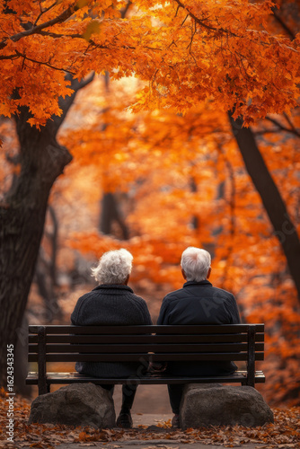 elderly people sitting on a park bench in autumn.