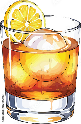 A cocktail with lemon slice and ice sphere in short glass