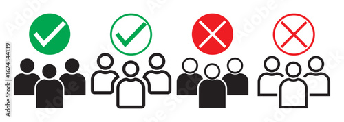 Attendees multiple icon. team allow and team not allow. Set of people icon representing group size.